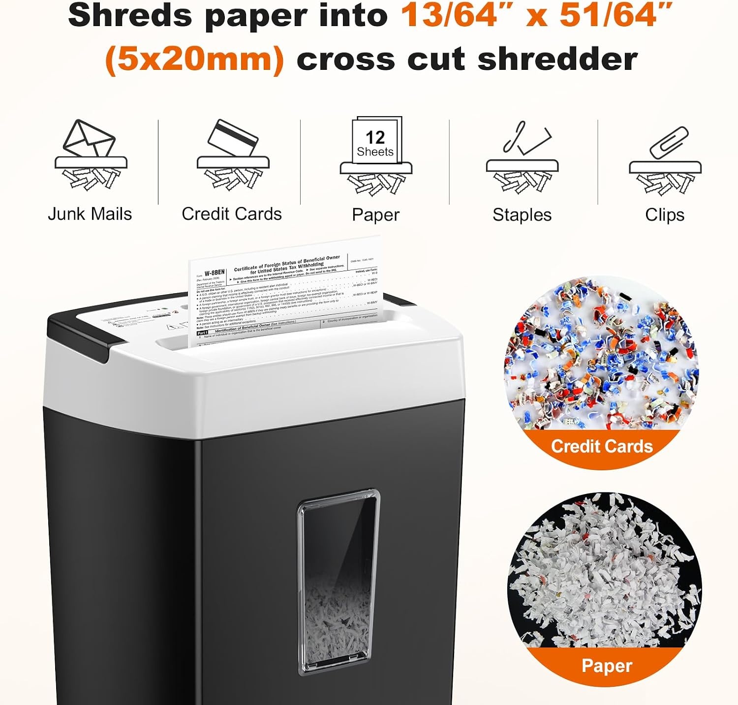 image:imageBonsaii 12Sheet Cross Cut Shredder P4 High Security Shredding 55 Gal Heavy Duty for Home Office Shreds Paper Credit Card Mail Staples with Transparent Window WhiteBlack White