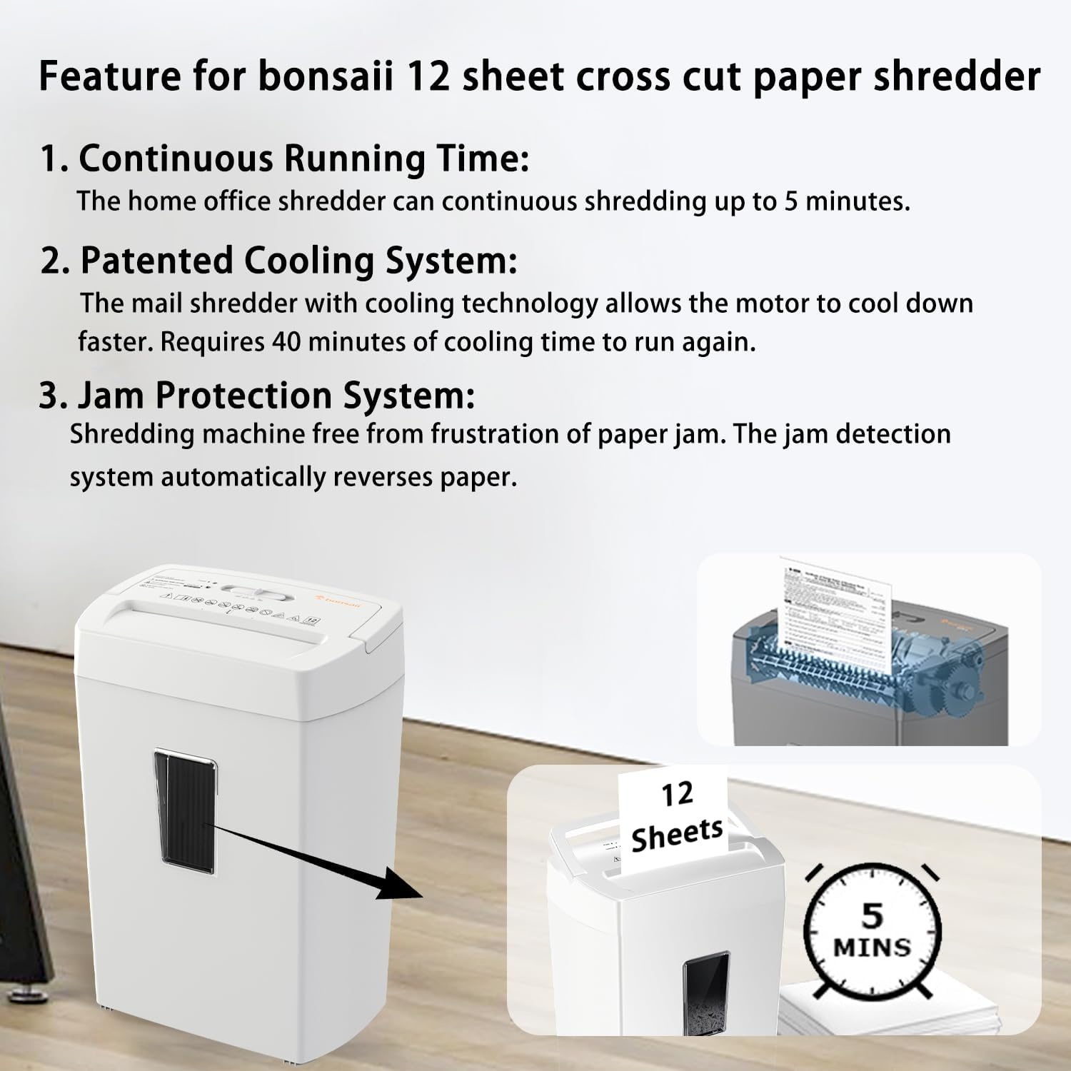image:imageBonsaii 12Sheet Cross Cut Shredder P4 High Security Shredding 55 Gal Heavy Duty for Home Office Shreds Paper Credit Card Mail Staples with Transparent Window WhiteWhite