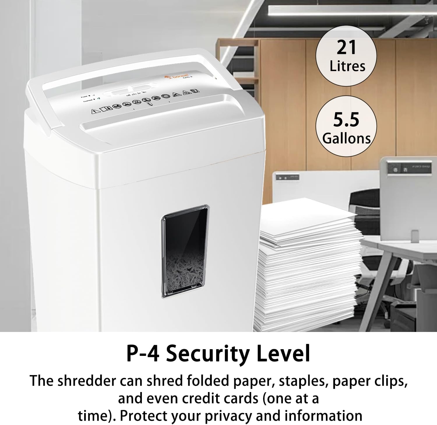 image:imageBonsaii 12Sheet Crosscut Paper Shredder for Home Office P4 Security 5Minute Continuous Run Time Overheat Protection 55Gallon Bin with Clear Window amp Handle Compact White DesignWhite