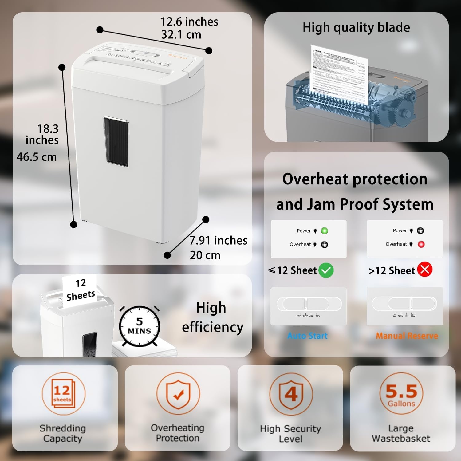 image:imageBonsaii 12Sheet Crosscut Paper Shredder for Home Office P4 Security 5Minute Continuous Run Time Overheat Protection 55Gallon Bin with Clear Window amp Handle Compact White DesignWhite