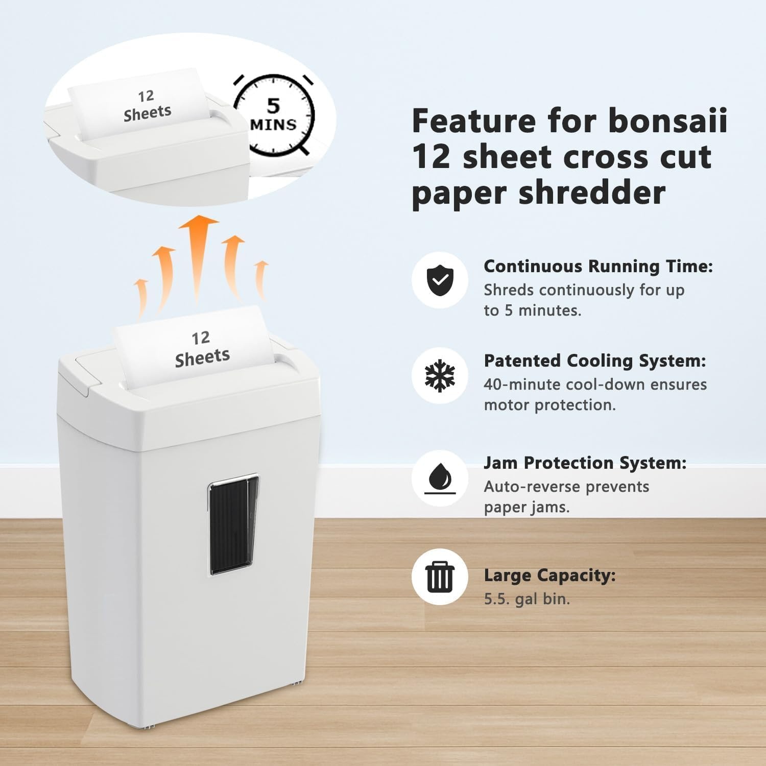 image:imageBonsaii 12Sheet Crosscut Paper Shredder for Home Office P4 Security 5Minute Continuous Run Time Overheat Protection 55Gallon Bin with Clear Window amp Handle Compact White DesignWhite