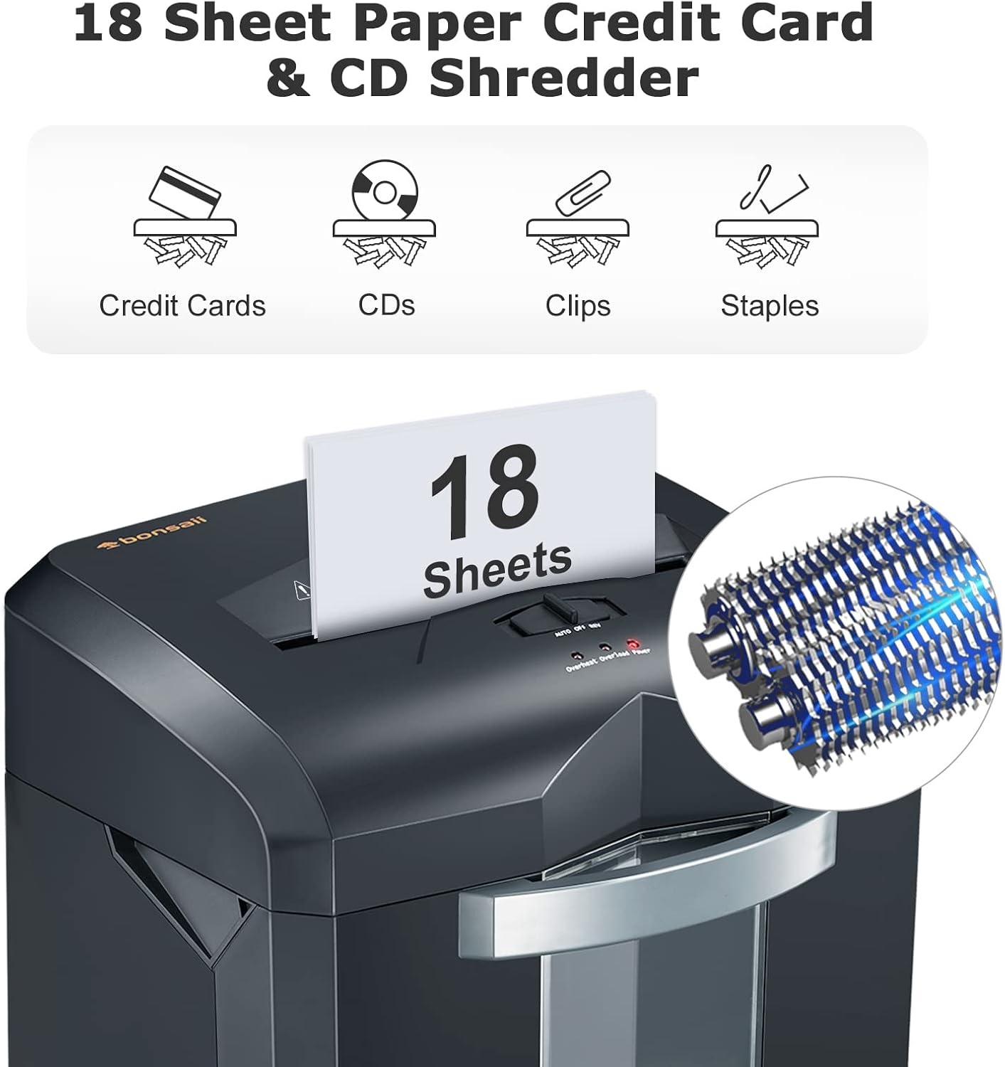 image:imageBonsaii 18Sheet CrossCut 60Min Run Heavy Duty Paper Shredder1 8 Sheet Cross Cut