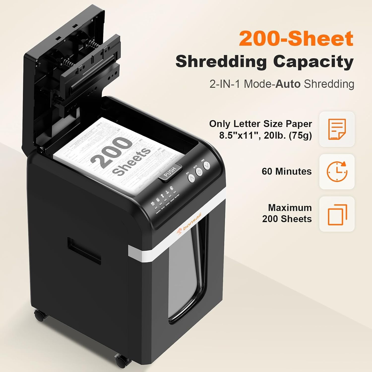 image:imageBonsaii 200Sheet Auto Feed Micro Cut Heavy Duty Paper Shredder for OfficeBlack