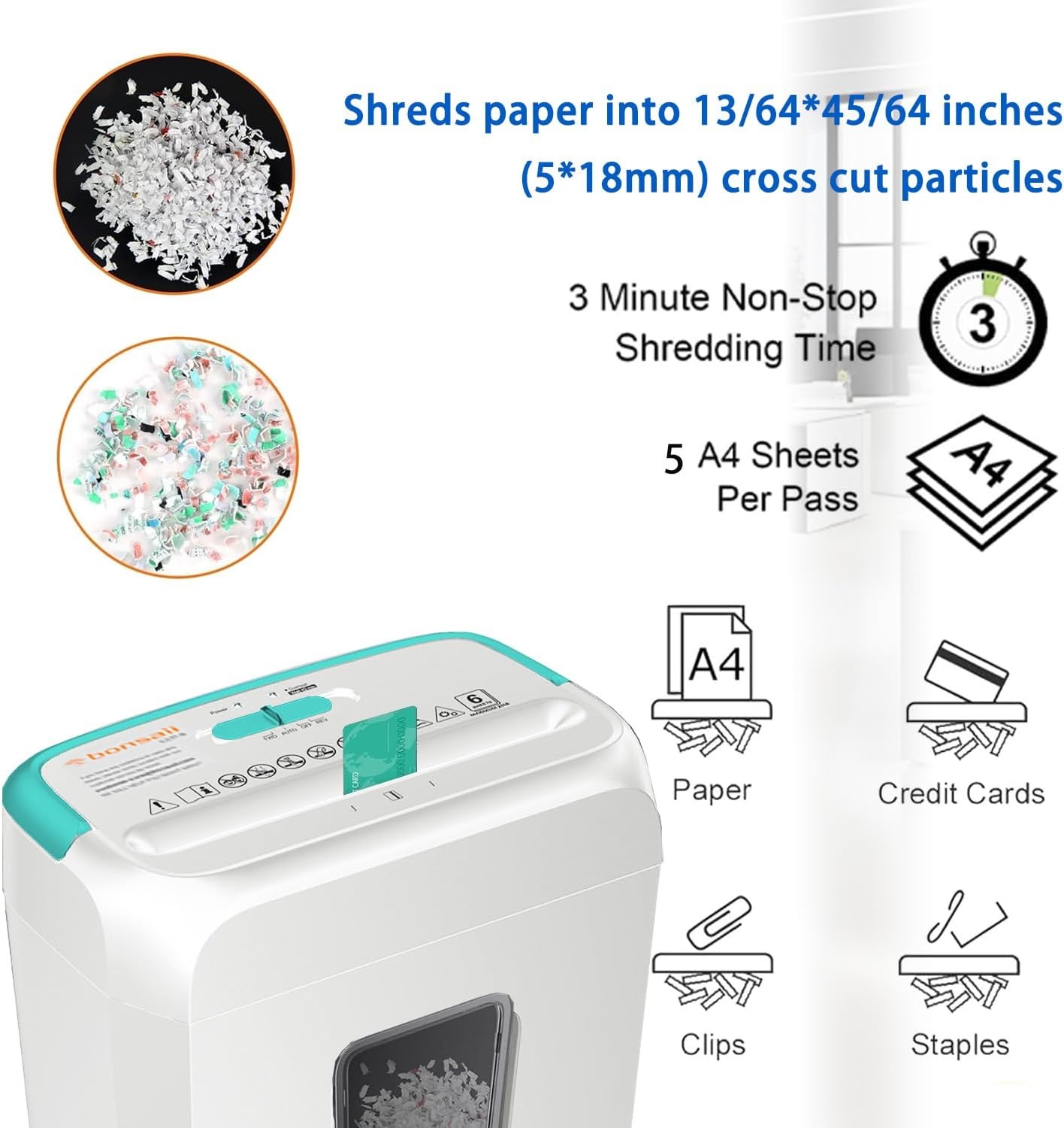 image:imageBonsaii 5Sheet Crosscut Shredder Perfect for Home or Office Use Shreds Paper Credit Cards Staples amp Clips 34Gallon Bin WhiteBlueWhite and Blue