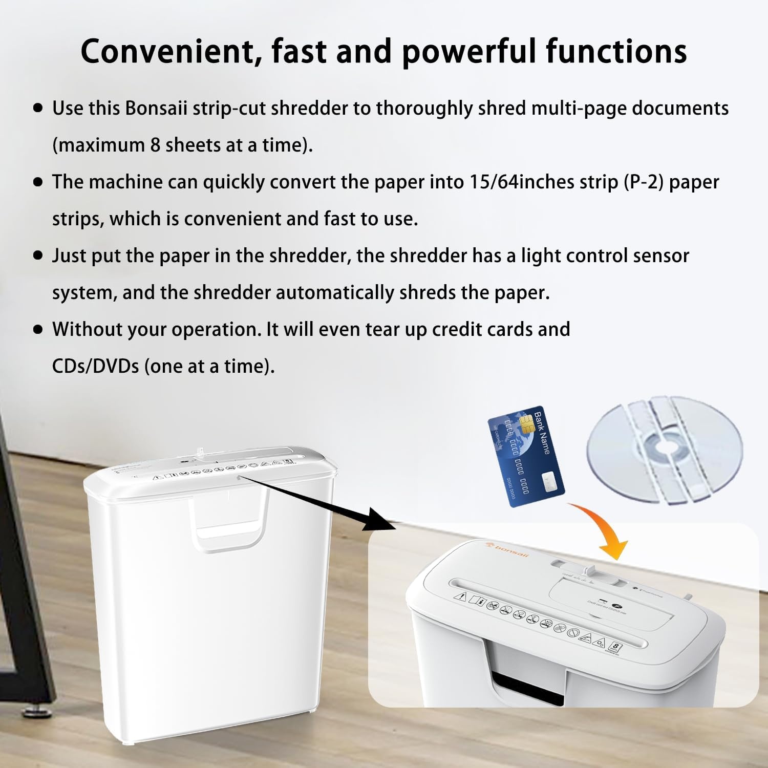 image:imageBonsaii 8Sheet Strip Cut Paper Shredder for Home Shred CDs amp Credit Cards8 Sheet White