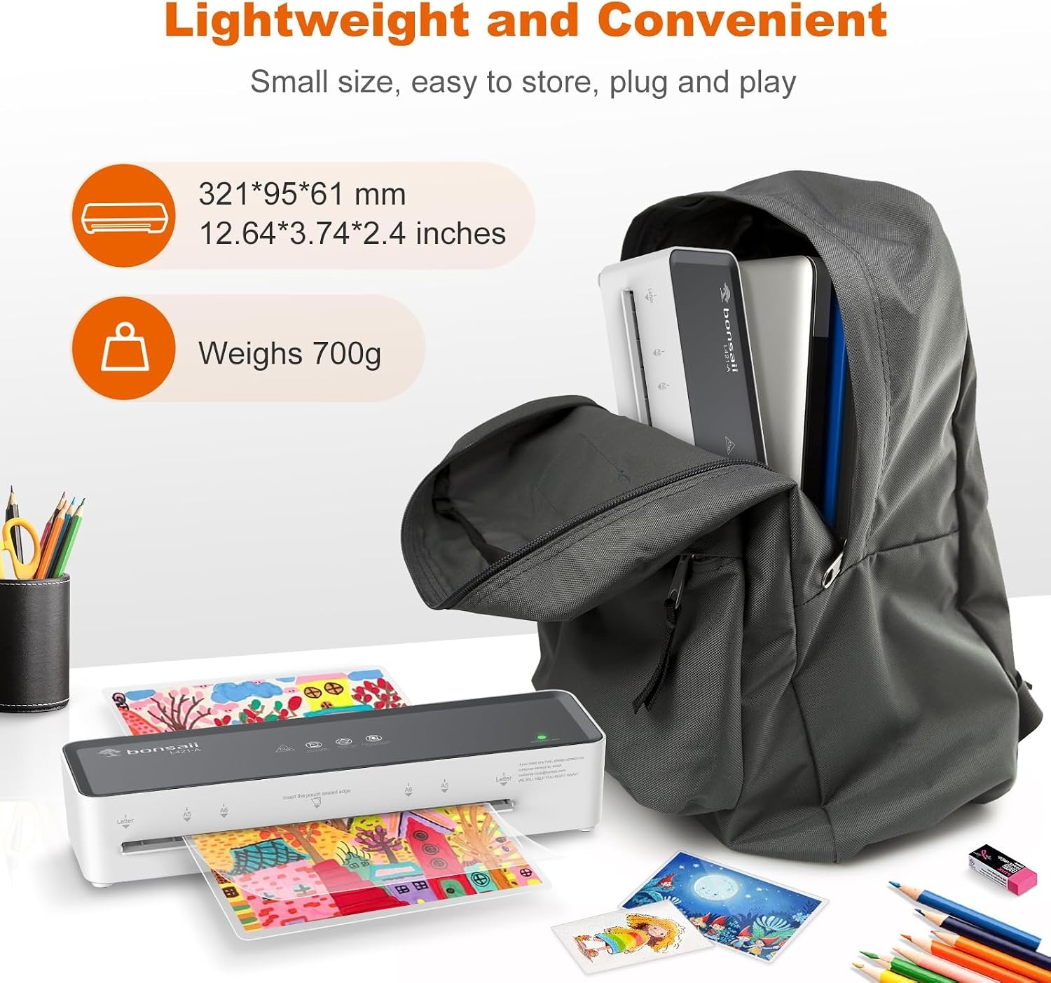 image:imageBonsaii 9 Inch Thermal Laminator Machine Compact Photo Laminating ToolGreywhite