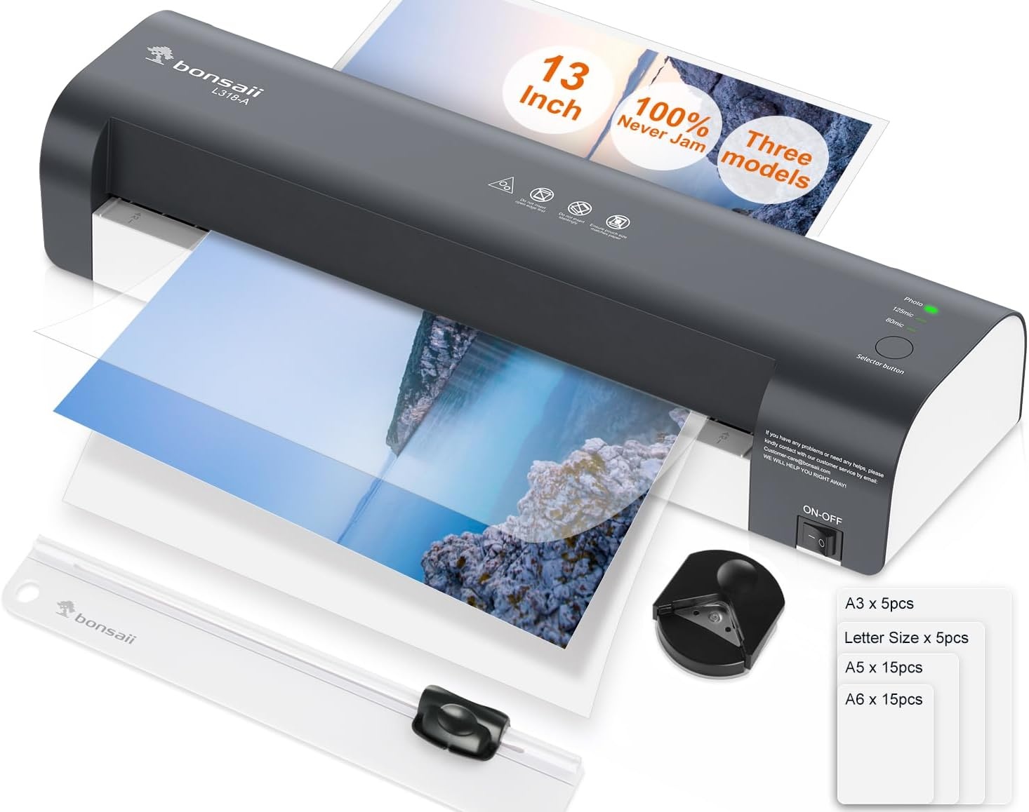 image:imageBonsaii Laminator 13 Inch 7in1 Thermal Laminator Machine with Never Jam Technology with 40 Laminting Sheets for Home Office and Classroom Organization SuppliesGrey White
