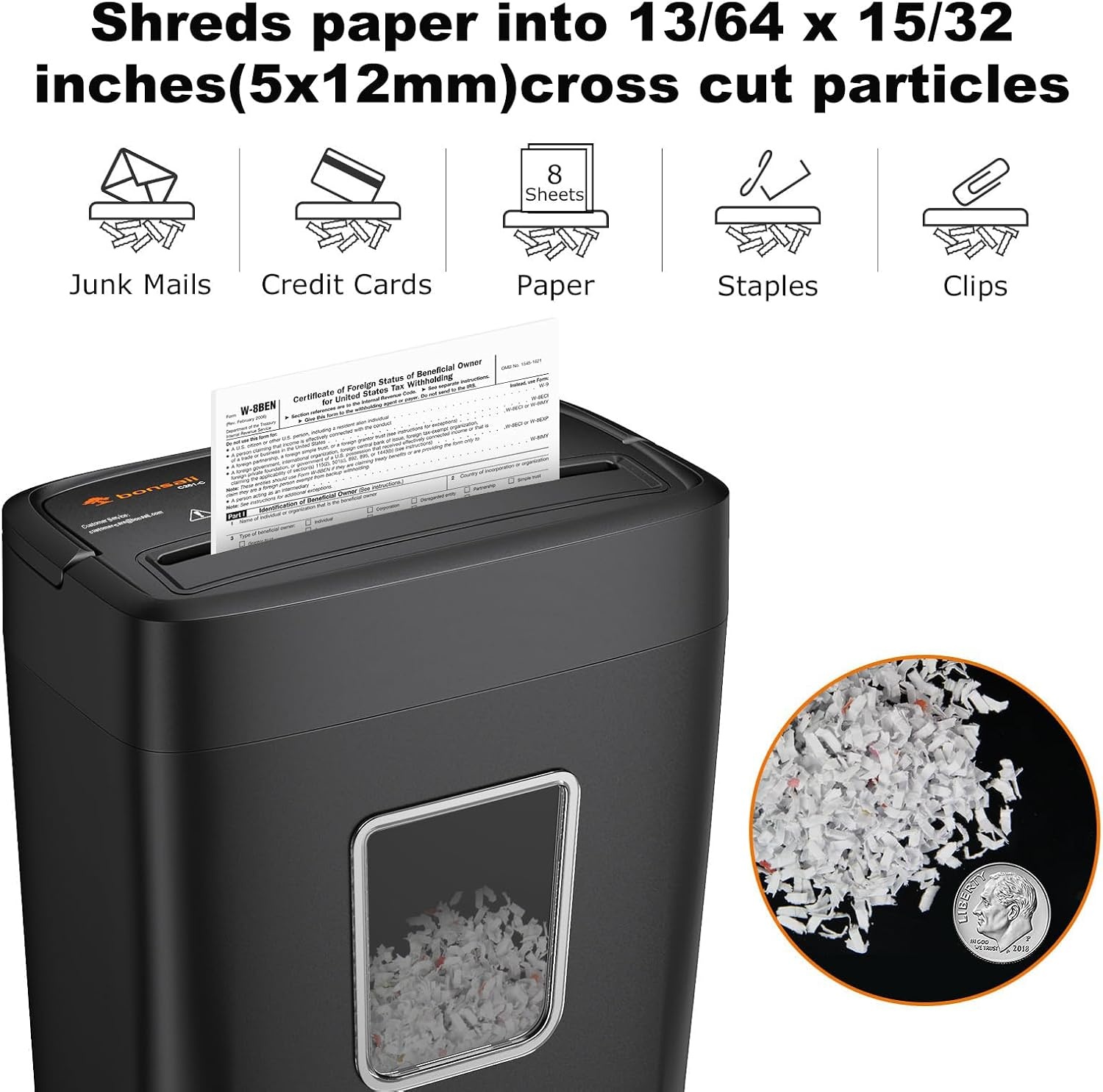 image:imageBonsaii Paper Shredder 8Sheet Crosscut Shredder with 42 Gallon Bin Shred Credit CardMailStapleClip for Home Office P4 Security Level C261C