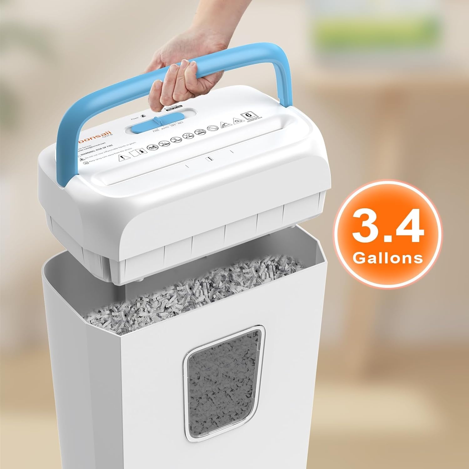 image:imageBonsaii Low Noise Operation Paper Shredder 6Sheet CrossCut Credit Card Shredder Home Office Handle for Document Mail Staple 34 Gal Wastebasket EasyCarry Handle WhiteWhite Blue