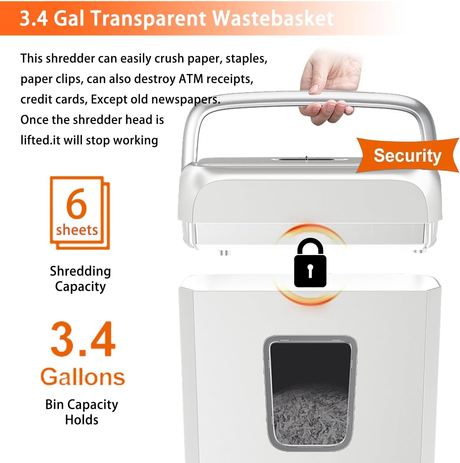 image:imageBonsaii Low Noise Operation Paper Shredder 6Sheet CrossCut Credit Card Shredder Home Office Handle for Document Mail Staple 34 Gal Wastebasket EasyCarry Handle WhiteWhite