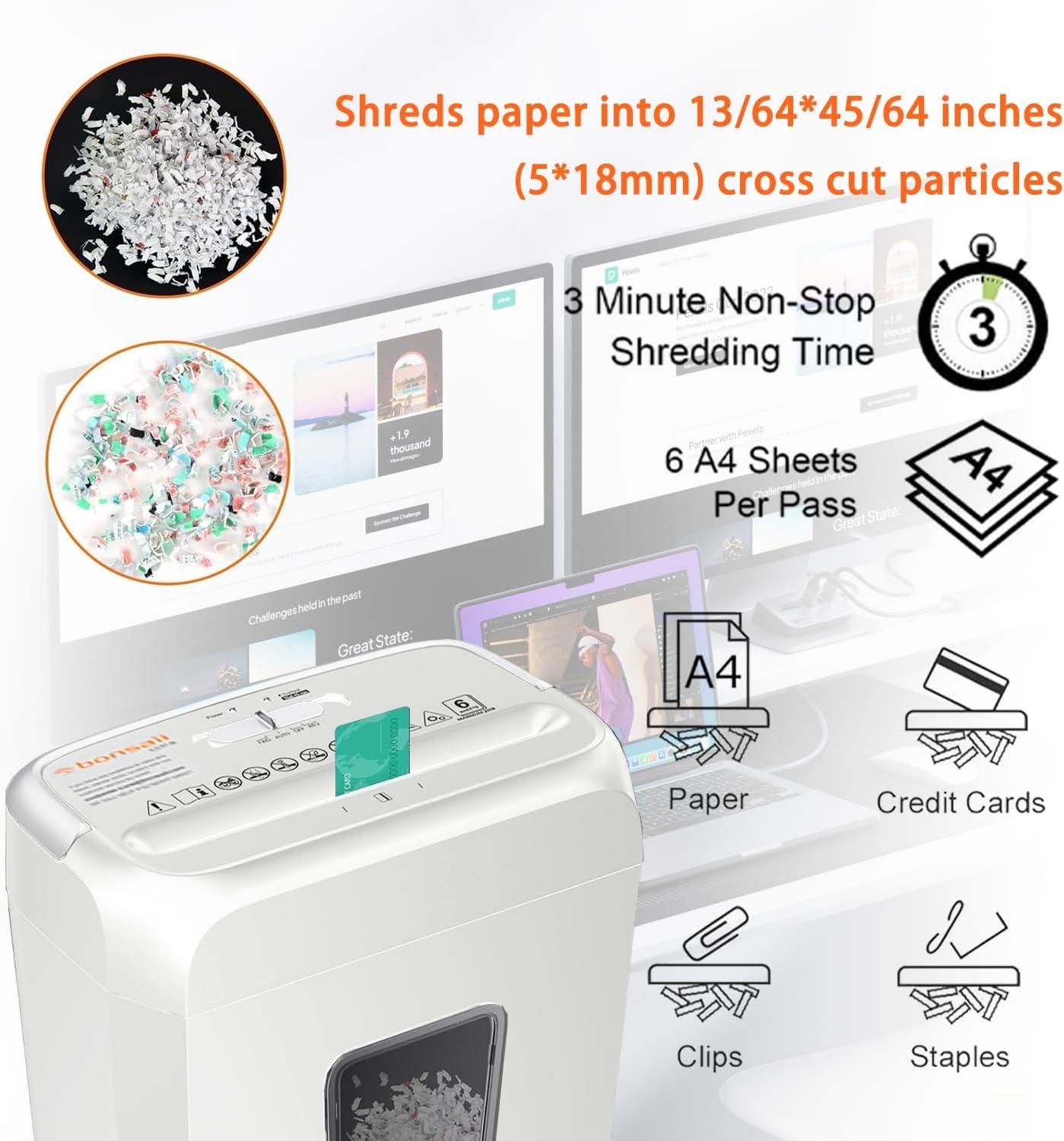 image:imageBonsaii Low Noise Operation Paper Shredder 6Sheet CrossCut Credit Card Shredder Home Office Handle for Document Mail Staple 34 Gal Wastebasket EasyCarry Handle WhiteWhite