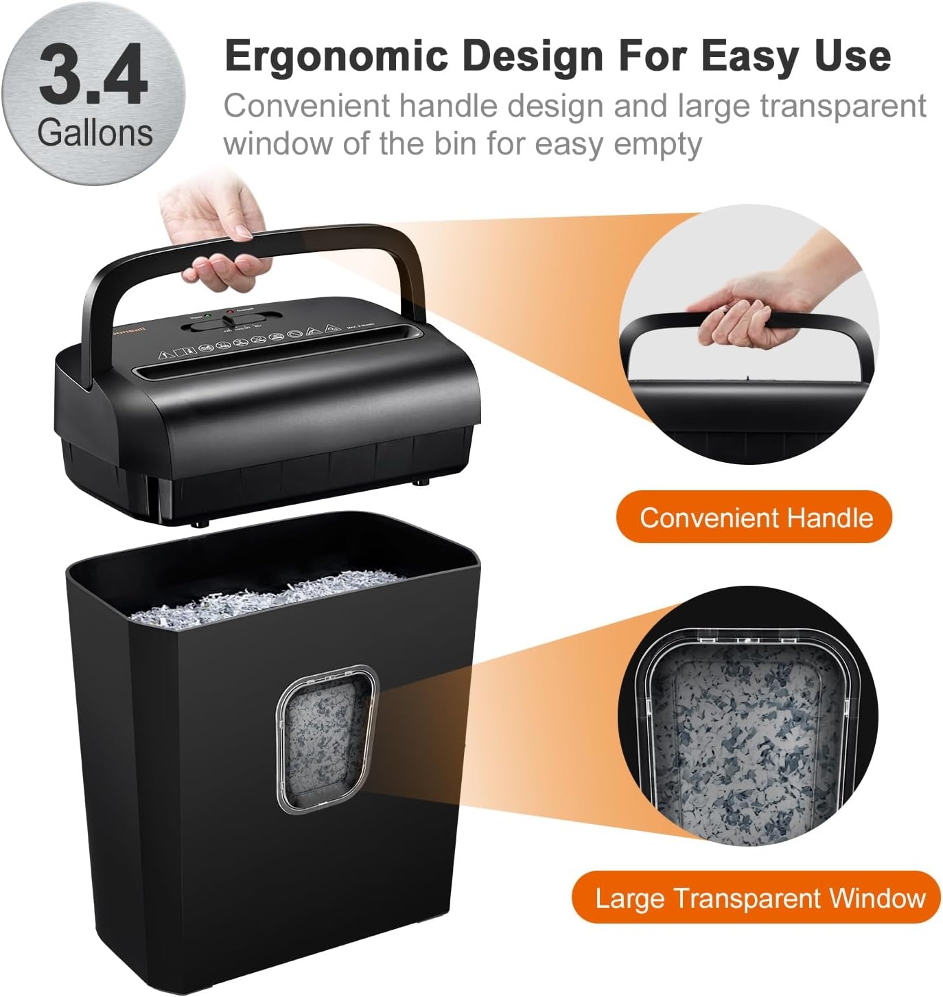 image:imageBonsaii Low Noise Operation Paper Shredder 6Sheet CrossCut Credit Card Shredder Home Office Handle for Document Mail Staple 34 Gal Wastebasket EasyCarry Handle WhiteAll Black
