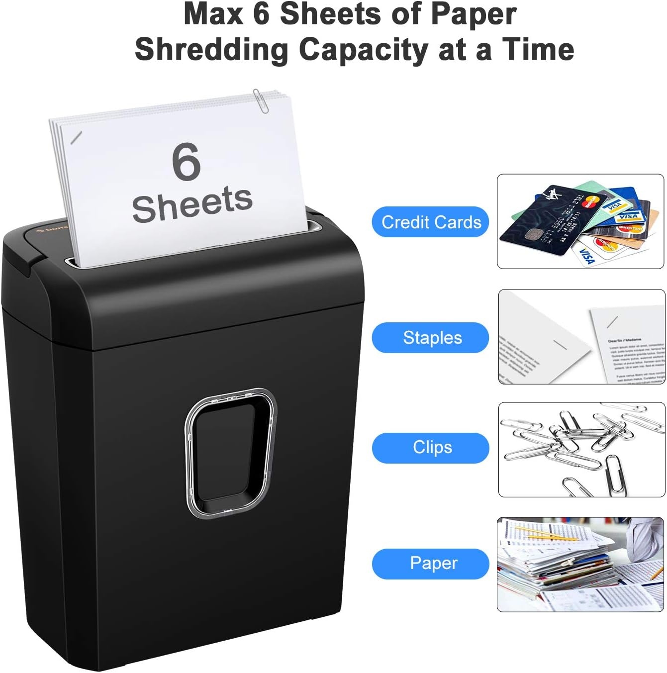 image:imageBonsaii Low Noise Operation Paper Shredder 6Sheet CrossCut Credit Card Shredder Home Office Handle for Document Mail Staple 34 Gal Wastebasket EasyCarry Handle WhiteAll Black